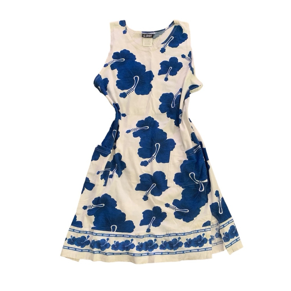 IG Sport Blue White Floral Cotton Sleeveless Summer Tank Midi Above Knee Dress